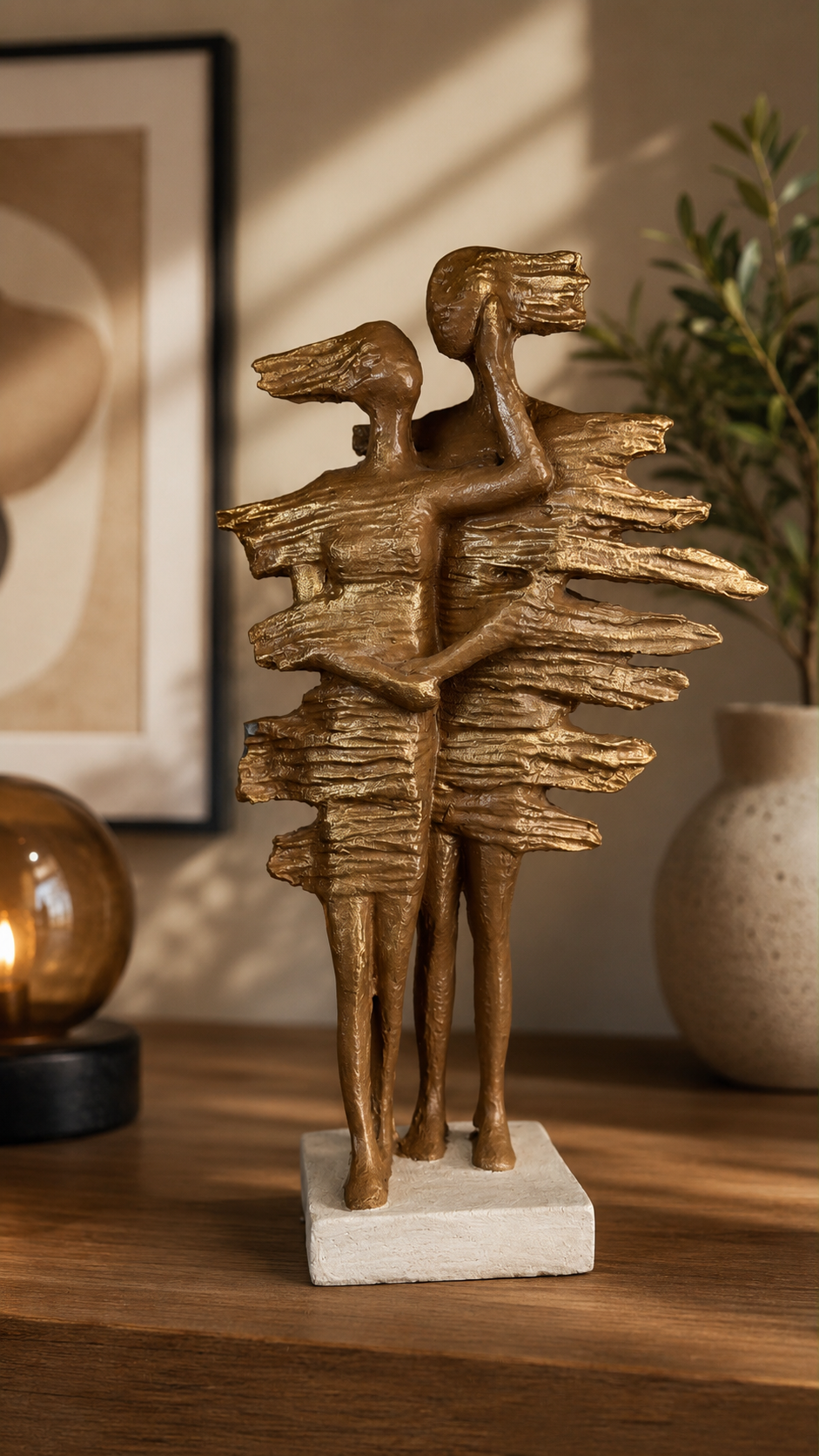 Golden Couple Embrace Sculpture